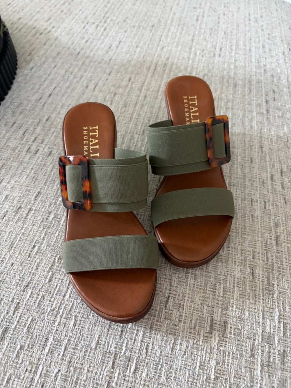 Olive Fabric Wedge Slide with Tortoiseshell Buckle- NEW